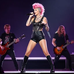 full body shot of taylor swift with a pink mohawk hairstyle and lots of tattoos performing on stage in a metal band