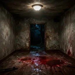 one of the most scariest room there is one light on the ceiling and the floor is all blood the outside is night photo - realistic