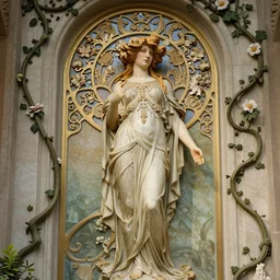 Stunning Art Nouveau goddess standing in an arched doorway covered in vines and flowers by Elisabeth Sonrel, intricate, beautiful, artstation 8k, high resolution