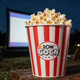 outdoor cinema with giant popcorn at night