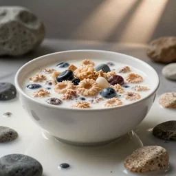 giant bowl of cereal and milk, with stones and rocks in the milk.