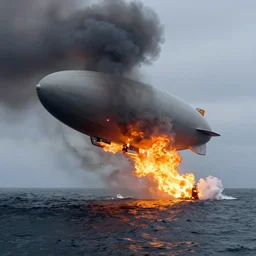 4 k wide shot, zeppelin on fire struck with thunder, falling to the sea