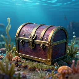 amazing high quality artwork depicted treasure chest deep under water in an atlantic ocean, 8 mm, great composition, rich environment, spirited water plants, art station, behance, deviant art
