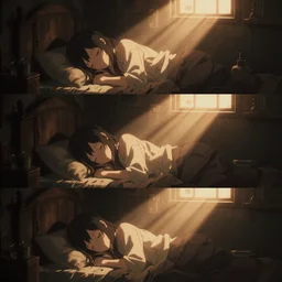 3 panel scene, anime girl sleeps inside a cozy dark room - dramatic cozy arts by wlop and okuda genso. wide angle lens. featured on pixiv, anime aesthetic. pixiv, warm aesthetic, rays of light, volumetric light, artstation, vanitas, official art, gothic, noise film photo. octane render, redshift render, ue 4