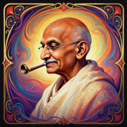 side profile centered painted portrait, Gandhi rolling a blunt, Gloomhaven, matte painting concept art, art nouveau, beautifully backlit, swirly vibrant color lines, fantastically gaudy, aesthetic octane render, 8K HD Resolution