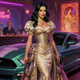 Eva Mendes as She-Hulk in a baroque dress standing near ford mustang. neon light, cinematic lighting, intricate, elegant, highly detailed, digital painting, artstation, sharp focus, comic illustration, art by artgerm and Greg Rutkowski and Alphonse Mucha and Wayne Barlowe and William-Adolphe Bouguereau