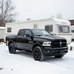 black dodge ram parked in the snow in front of a mobile home, by simon stalenhag!!!!