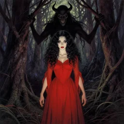 in the style of edmund dulac, full body, pretty alyson hannigan, evil dead demon, evil dead movie, redl dress, symmetrical eyes, symmetrical face, long curly black hair, trees, forest, branches, cinematic lighting, evil dead creature, scary