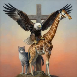 painting of cross between eagle & cat & giraffe, intercrossed animal, by zdzislaw beksinski, by arne olav gurvin fredriksen, by tiffany bozic, by corine perier, amazing details, cold hue's, warm tone gradient background, concept art, beautiful composition, digital painting