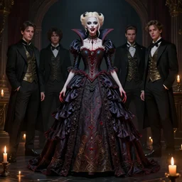 anya taylor - joy vampire queen, sharp fangs, blood, full body, intricate victorian dress, hyper detailed, digital art, trending in artstation, cinematic lighting, studio quality, smooth render, artgerm, joshua middleton, rafael albuquerque, moody lighting, candles, octane rendered, art style by klimt and nixeu and ian sprigger and wlop and krenz cushart