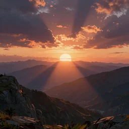 a digital painting of a sunset in the mountains | a raytraced image by rhads | unsplash | space art | retrowave, outrun, terragen