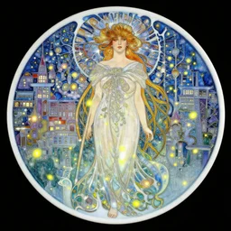 city , carving on southern ice porcelain , overdetailed art, by greg rutkowski, by Alfons Mucha, complementing colors, magic, colorful lights, fireflies, detailed illustration