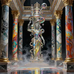 a baroque neoclassicist sci - fi portrait of colorful chrome marble halls of creation. iridescent textures. glowing fog, black background. highly detailed fantasy science fiction painting by moebius, norman rockwell, frank frazetta, and syd mead. rich colors, high contrast, artstation