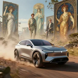 a concept suv designed by zaha hadid driving through madagascar, artgerm and greg rutkowski and alphonse mucha, an epic fantasy, volumetric light, detailed, establishing shot, an epic fantasy, trending on art station, octane render, midsommar
