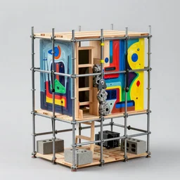 small convoluted scaffolding sculpture made with steel and metal, wood planks, rock details joints, cinder blocks, bright construction materials, ratchet straps, photorealistic, studio lighting, product photography, high octane, higly detailed, made with unreal engine, painting by yves tanguy, by nate boyce, sculpted by david smith, sony a 6 3 0 0, 3 5 mm
