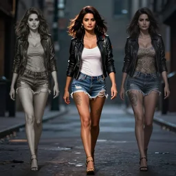 tattooed pinup girl penelope cruz wearing a jacket and ripped shorts walking in a dark street, character sheet, character design,, contrast, deep focus, turnaround, highly detailed, dramatic lighting, digital painting, artstation, concept art, matte, sharp focus, illustration, elegant, kim jung gi, art by artgerm and greg rutkowski and alphonse mucha.