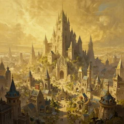 A beautiful painting of a large fantasy town, cinematic composition, concept art, golden ratio, matte painting, Marc Simonetti, Sergey Vasnev, Anato Finnstark, artstation, 8k, high resolution