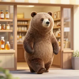 hyper - realistic anthropomorphic bear walking into a honey shop