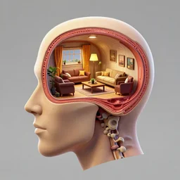 cross section of human head with miniature living room inside, in the style of Borderlands, unreal engine, 12k