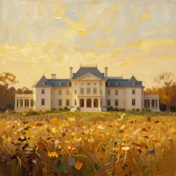 oil landscape painting of a gigantic mansion, golden hour, ultra detailed, wallpaper, concept art, autumn, warm colors, wallpaper, 4 k, realistic lighting, brushstrokes, minimalistic, cinematic composition