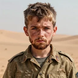 portrait of muscular, tired and fucked up 4 3 - year - old handsome man with short darkblonde hair, serious bad look in his mimic, rusty beard, blue eyes, wearing dirty soldier uniform, on the desert, hyper realistic face, beautiful eyes, character art, art by mark brooks, hyperdetailed, cryengine, trending on artstation, digital art