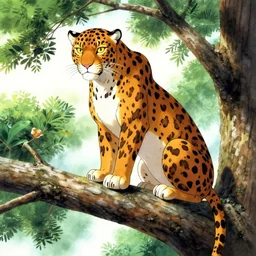a panther sitting on a tree branch by kentaro miura