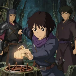 a film still of an dnd, thief girl disarm trap, while warrior mage and cleric wait, fantasy dungeon, finely detailed features, closeup at the faces, perfect art, at an ancient city, gapmoe yandere grimdark, trending on pixiv fanbox, painted by greg rutkowski makoto shinkai takashi takeuchi studio ghibli, akihiko yoshida