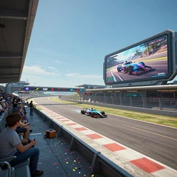 wide angle shot of a futuristic racetrack from the attendee stands with confetti on a sunny day with a clear blue sky and big tv screens in the background showing the car race, cyberpunk, profile shot, digital painting, good value control, unreal engine 5, fourze, realistic textures, wipeout 2 0 4 8, f - zero