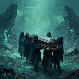 blue green by kate beaton, by helene schjerfbeck random. a installation art of a coffin being carried by six men through an ethereal, otherworldly landscape. the men are all wearing hooded cloaks. the landscape is eerie & foreboding, with jagged rocks & eerie, glowing plants.