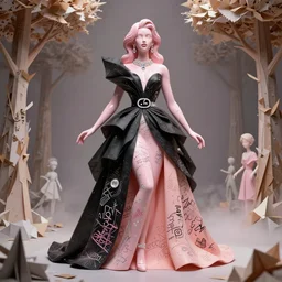 sculpture of a beautiful young female super model resembling drag superstar courtney act made out of pink ceramic and diamond wearing a black tissue paper and peach geometric gown by gucci, paper graffiti, trees made out of origami, ethereal, fantasy, lawrence alma tadema, james jean, oozium, peter morbacher, angelarium, alchemy, luxury, heavenly light, soft illumination, cinematic lighting, very detailed, 3 d octane render, artgerm, trending on artstation, cgi society