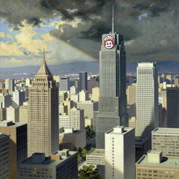 Jollibee City, cityscape, wide shot, illustration, HD, by Moebius, Renoir, Hokusai