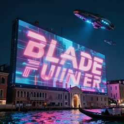city of venice in italy, alien spaceships in the sky, in the style of blade runner, giant holographic adv, cinematic, neon lights, futuristic, cyberpunk, sharp focus, matte painting, variation in the composition, asymmetric, artstation