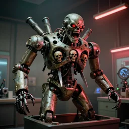 movie still 35mm film photograph a screaming and angry dangerous shape mechanical creature, with multiple sharp, leaking pistons, robot skulls and blades protruding from its lower torso inside of a 1970s science lab, neon lights, dirty, ektachrome photograph, volumetric lighting, f8 aperture, cinematic Eastman 5384 film