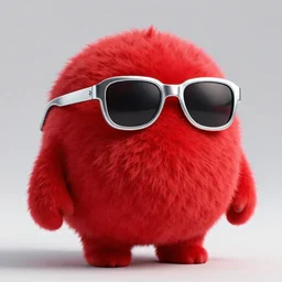 3 d render of completely red hairy friendly antropomorphic cartoony creature wearing chrome shades, without nose, full body, in the style of pixar, white background, unreal engine 5, octane render, highly detailed hdr