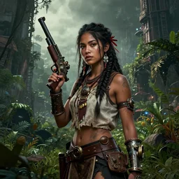 beautiful portrait of a young very beautiful cute tribal woman with a steampunk gun, in a post apocalyptic city overgrown with lush vegetation, by Luis Royo, by Greg Rutkowski, dark, gritty, intricate, head space, cover illustration, concept art, volumetric lighting, volumetric atmosphere, octane render, trending on artstation, 8k