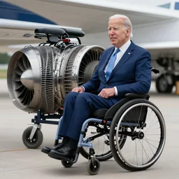 still image of joe biden sitting in a turbo boosted wheelchair with a jet engine, 8 k photo