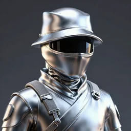 3 d octane rendering, chrome statue of ninja wearing full face mask and hunter hat, vfx art, smooth, pinterest, unreal engine, behance, technological, octane render, all chrome
