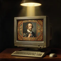still life of ornate chinese cyberpunk computer crt screen by hieronymus bosch, baroque painting, lit from above column of light, perfect composition, detailed octane render trending on artstation, 8 k artistic photography, volumetric cinematic perfect light, chiaroscuro, masterpiece, raphael, caravaggio, beksinski, rutkowski