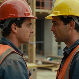 film still, two construction workers arguing intently, over - the - shoulder shot, colourful cinematography from amelie ( 2 0 0 1 )