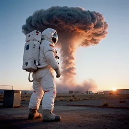 shot on kodachrome, single subject, giant american spacesuit astronaut watching atomic bomb shockwave, sunrise, by vhs camcoder