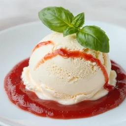 dslr food photograph of vanilla ice cream with ketchup on, a leaf of basil on the ice cream, french fries on the side, a bottle of ketchup, 8 5 mm f 1. 4