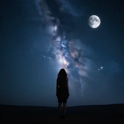 girl, woman, beautiful, starry sky, moon, galaxy, stars, beauty, scenery, milky way, light, night, adorable, photography, cinematic, incredible, trending, award winning.