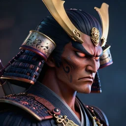 a profile picture of powerful japanese scary samurai, detailed face, face symmetry, fanart artstation global illumination rtx hdr fanart arstation 3 d, character concept portrait by moebius and laurie greasley, profile picture, 8 k, cinematic color grading