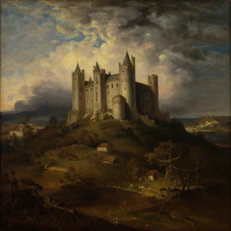 painting of mysterious landscape with castle in the sky  by George Stubbs, zdzisław beksiński, renaissance painting, oil painting, old master