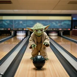 film still of yoda uses the force to roll a bowling bowl down a lane in a bowling alley in the new Star Wars movie, 4k