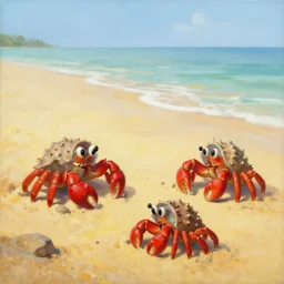 a beautiful painting of three red hermit crab on sandy beach, cartoon, american romanticism