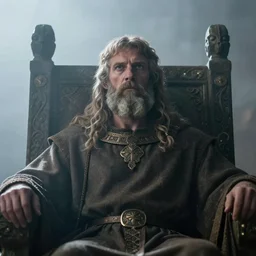 cinematic close up of an ancient Celtic druid king's face while he sits relaxed on his druid throne, light fog, fantasy,