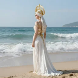 fully clothed goddess turned his back standing on beach, beautiful waves in sea, wearing a highly detailed crown made of white gold, highly detailed, unreal engine 5, wide angle, by artgerm and greg rutkowski