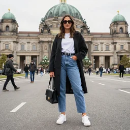 photo of a female streetwear blogger, in 1925 berlin,  photo from 2022,  Fullbody color wideangle mediumshot dolly camera 4k 8k 130mm hd detailed
