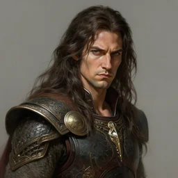 rob mcelhenney as ares by josh kirby long flowing hair, fantasy, frown,, intricate, elegant, highly detailed, digital painting, artstation, concept art, matte, sharp focus, illustration